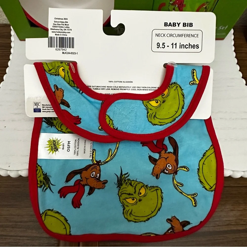 New- Dr. Seuss The Grinch Baby Bib and Dish Set Blue, Green & White
